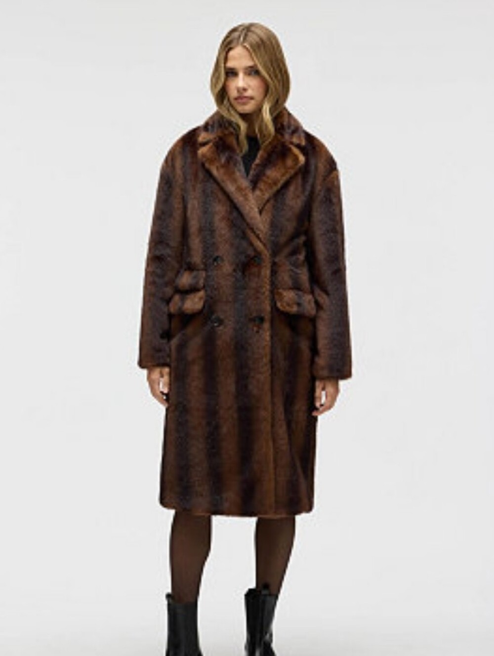 NVLT Military Mink Faux Fur Longline Coat Double Breasted Stripes.